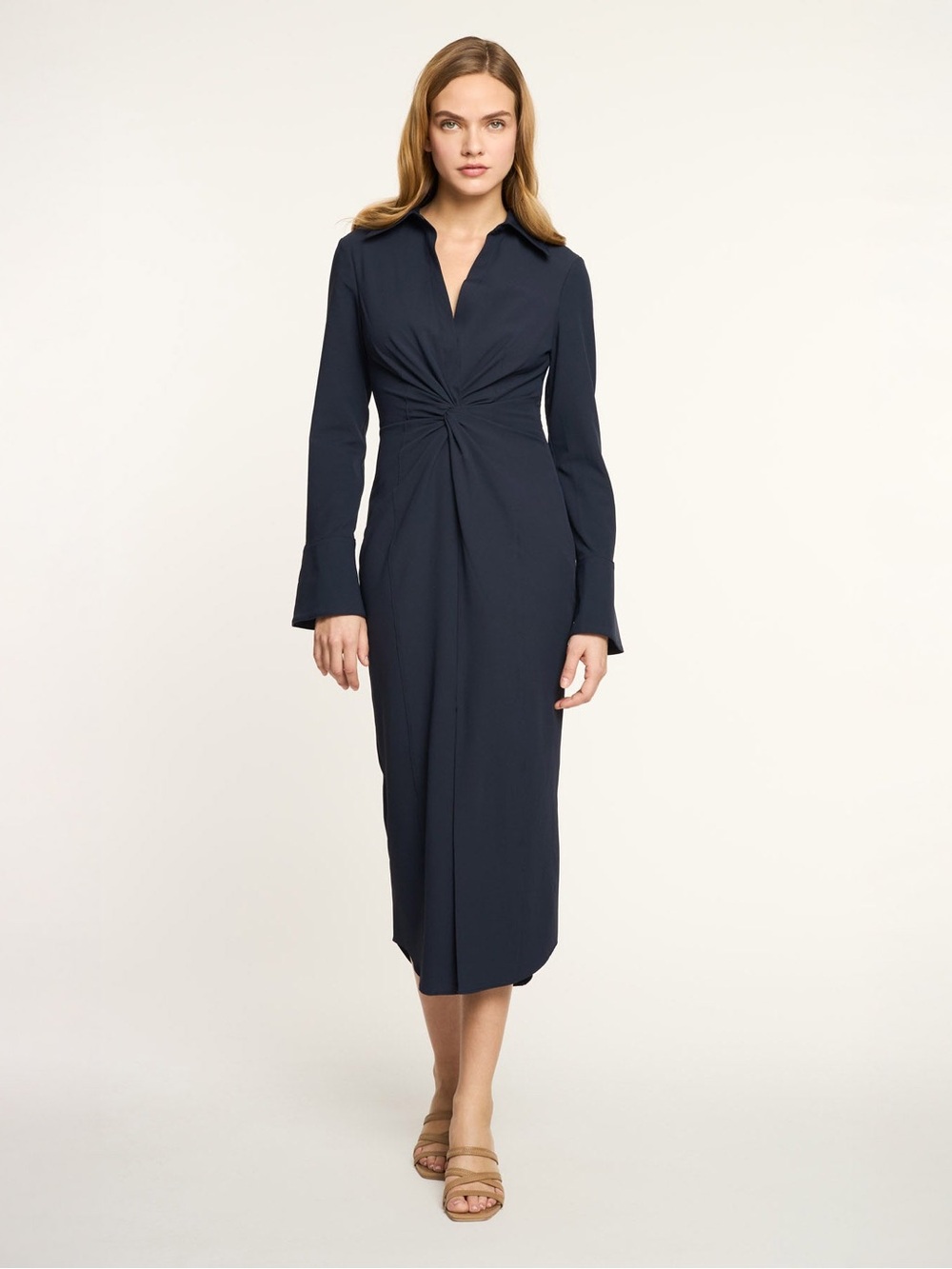 Cinq a Sept Twist-Front Long Sleeve Midi Shirt Dress - Navy